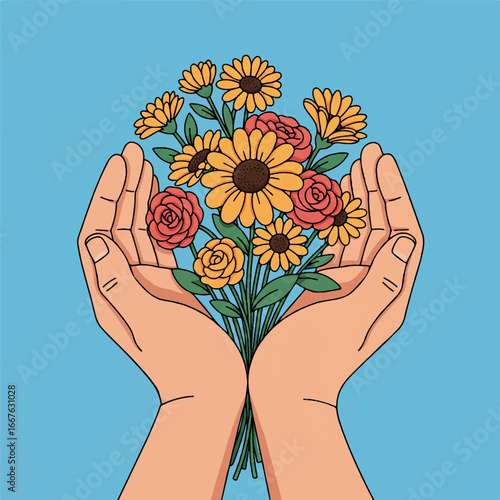 Open hands gently hold a vibrant bouquet of blooming flowers, a heartfelt vector illustration symbolizing appreciation and thankfulness for World Gratitude Day.