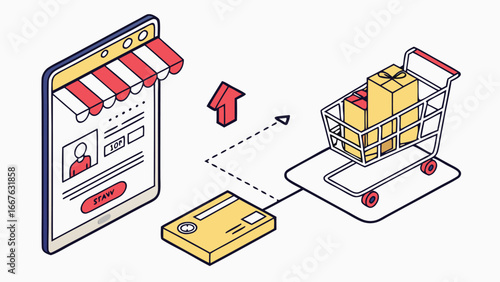 Isometric Illustration: Online Shopping Cart with Gifts, Mobile Store Interface, Payment, Delivery Concept; Clean, Modern Style; Cheerful, Positive Mood.