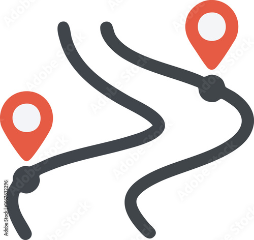Winding road map icon with two location pins for navigation and journey