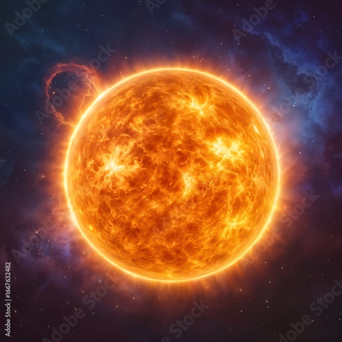 Glowing Orange Sun Amidst Purple Nebula and Distant Stars