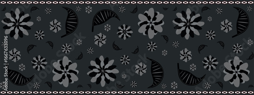 Stylish carpet runner with dark graphite background and floral pattern. Perfect for luxury branding, modern web layouts, and package design. Horizontal. EPS10. 