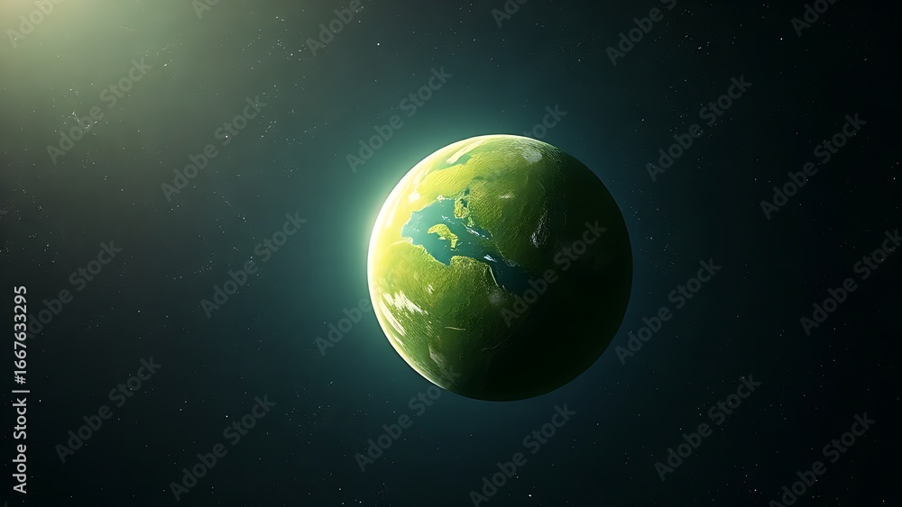 Obraz premium Lush green planet floating in space with a glowing atmosphere, depicting cosmic beauty.