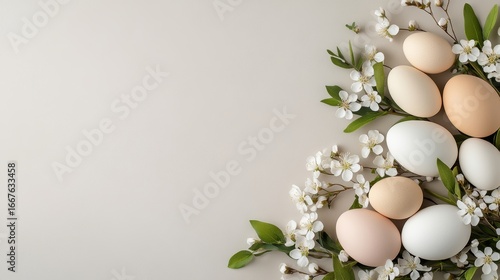 Decorative Ester Eggs with Flowers in copy space beige background, Happy Easter Day
