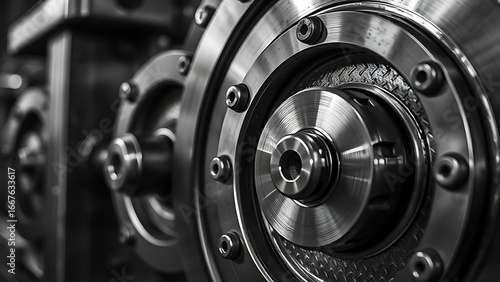 Wallpaper Mural Close-up of a polished metal wheel mechanism in a workshop, showcasing industrial precision and texture. Torontodigital.ca