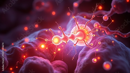 Cellular-level artistic rendering of mitochondria glowing with healing energy powering regeneration within human tissue