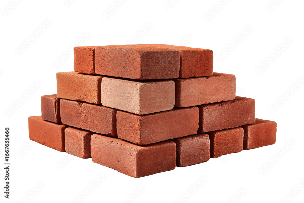Obraz premium Pile of red bricks stacked in a pyramid shape against a simple background for construction and building materials transparent background