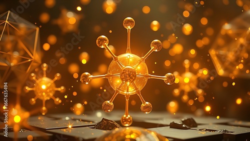 Alchemical still life featuring golden atoms extracted by luminous geometric energy fields, symbolizing transformation.