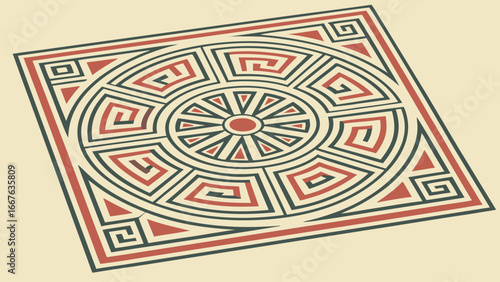 Square tile design with circular maze pattern in red and green on a light beige background color scheme