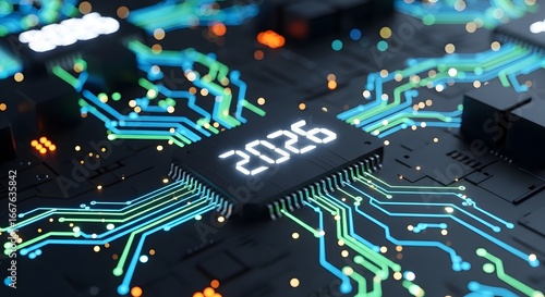 Futuristic circuit board with glowing lines and 2026 chip Digital Technology Future AI Innovation Progress Year Connectivity Internet Modern