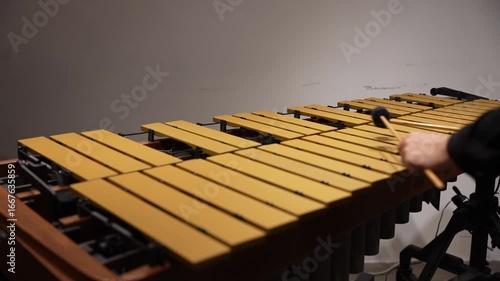 Musician hands close up percussionist playing vibraphone marimba xylophone POV view lens blur