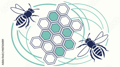 Illustration of two bees surrounding a honeycomb structure with circular lines around them
