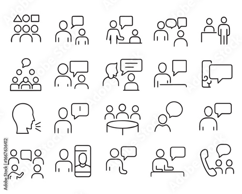Set of outline icons related conversation, chat, talking, speaking. Linear icon collection