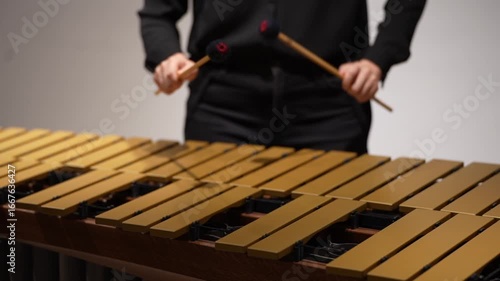 Musician hands close up percussionist playing vibraphone marimba concert front view