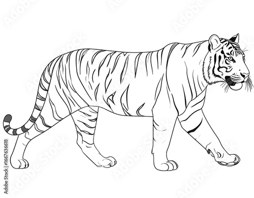 Walking Tiger Line Art, White Background