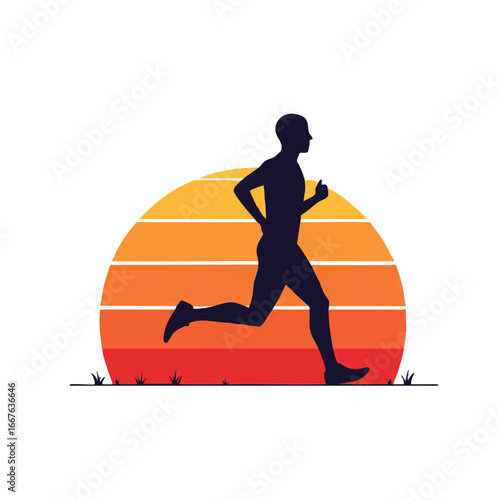 A minimalist 2D flat vector illustration portrays a determined marathon runner silhouette against a vibrant sunrise, featuring solid colors and clean lines, isolated on a pristine white background.