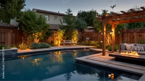 Wallpaper Mural A serene evening scene featuring a beautifully lit backyard with a modern pool, cozy seating area, and lush greenery, creating a perfect atmosphere for relaxation and social gatherings Torontodigital.ca