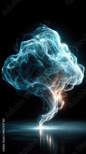Glowing teal energy swirling upward, illuminating a dark background