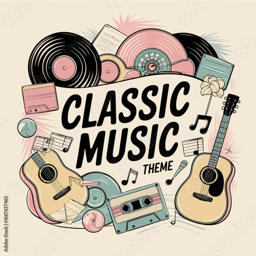 2d vector illustration art Retro music guitar with symbol and rock music with colorful background, Summer t shirt	
