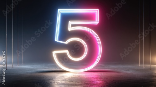 Glowing neon number five on dark floor
