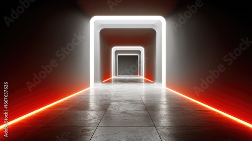 Glowing neon corridor with receding square portals
