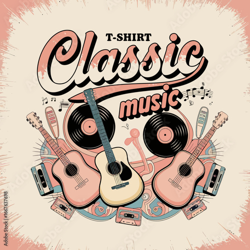 2d vector illustration art Retro music guitar with symbol and rock music with colorful background, Summer t shirt	
