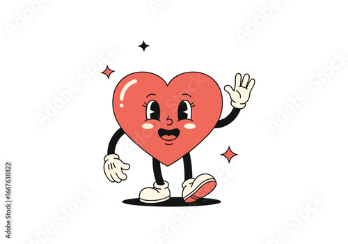 Retro style cartoon heart character waving hello with sparkles animation art