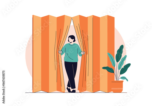Woman emerging from behind a folded orange partition and curtains showing new beginnings and opportunities