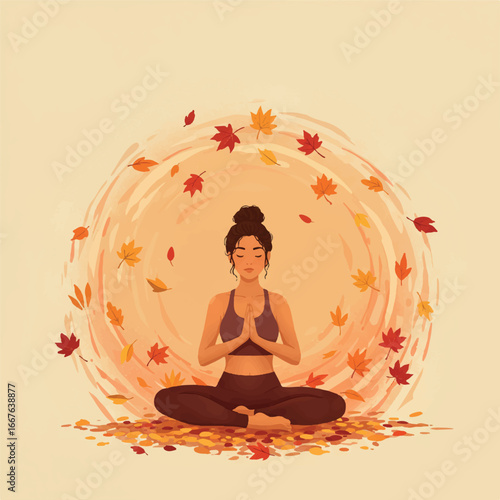 A person in a peaceful yoga lotus position is depicted amidst a serene cascade of vibrant falling autumn leaves, rendered in a relaxing vector illustration style.