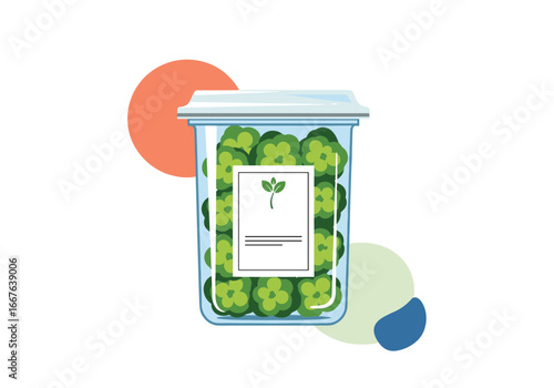 Glass jar filled with green buds and abstract shapes illustration