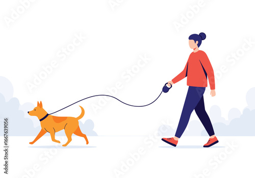A woman enjoys a pleasant walk with her loyal canine companion on a beautiful day