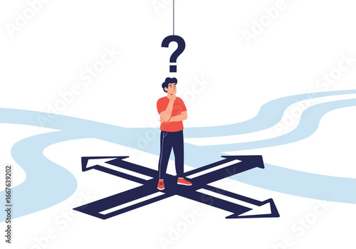 Man standing at a crossroads considering multiple directional choices and future paths