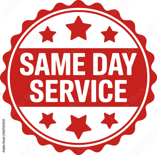 Red and white circular stamp emblem with same day service text