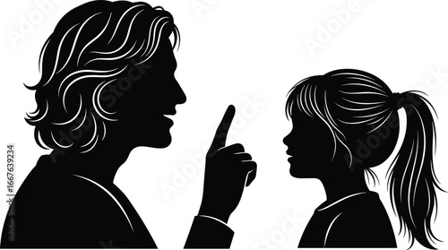 Black and white silhouette of two people communicating, one pointing upward, expressive interaction, facing each other, dialogue, emotional exchange