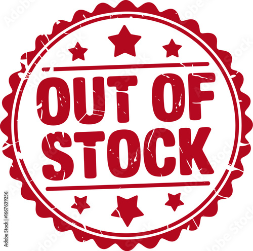 Red circular stamp with out of stock message and stars