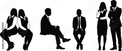 Business professionals silhouettes in various poses, teamwork collaboration, corporate meeting, office attire, professional interaction, business communication, vector illustration design