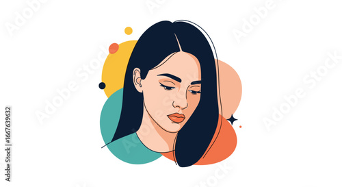 Abstract portrait of a young woman with closed eyes surrounded by colorful circles and geometric shapes
