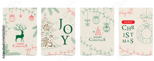 Minimal art deco with christmas tree, reindeer,wreath outline.vector illustration for Christmas party invitation card, postcard, menu ,print, social media template