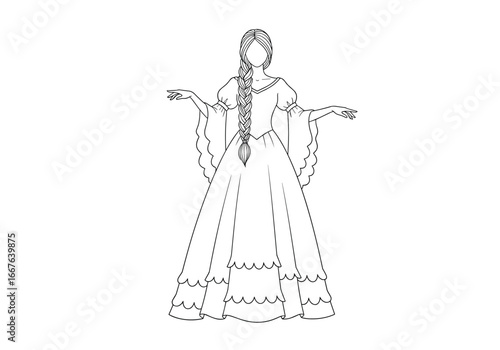 Elegant woman with long braided hair and flowing gown performing a graceful gesture with outstretched arms