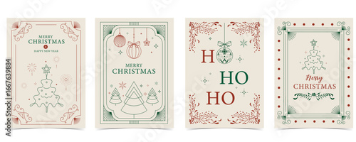 Minimal art deco with christmas tree,ho ho ho,baubles outline.vector illustration for Christmas party invitation card, postcard, menu ,print, social media template