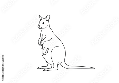 An outline drawing of a kangaroo and its joey in its pouch