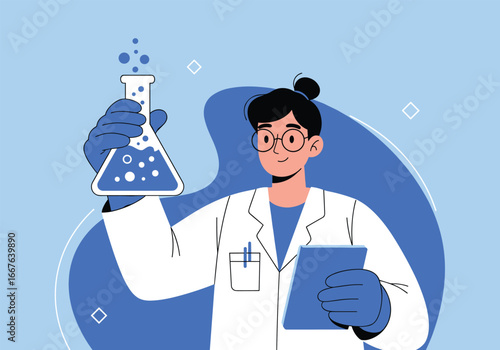 A scientist in a lab coat holding a flask with bubbling liquid and a tablet