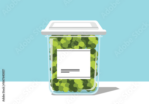 Clear glass jar filled with green buds underneath a white lid sitting on a white surface