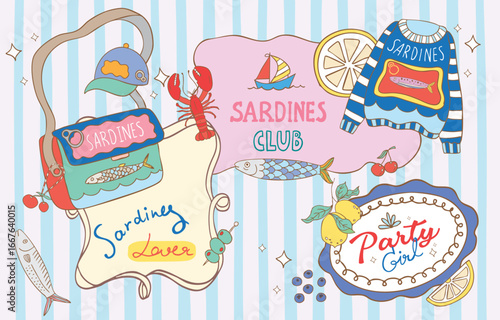 Vintage pastel sardine sweater, woman bag, lemon and seafood menu poster set in retro cartoon vector illustration style for summer party card invitation