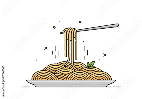 Delicious pasta dish served with chopsticks and fresh basil leaves on a white plate