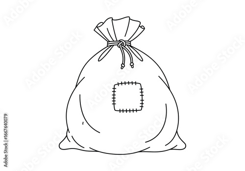 A simple drawing of a drawstring bag with a patch showing its age and use