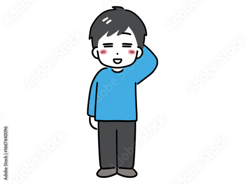 笑顔で少し照れている私服の若い男性(全身・正面)	