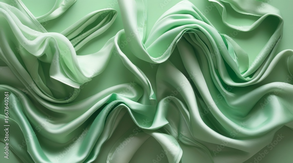 Fototapeta premium Emerald Fabric: A high-angle view of a mesmerizing emerald fabric gracefully flowing, creating a visually stunning display of waves and textures