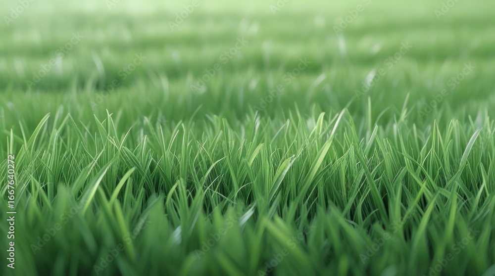 Fototapeta premium Vibrant Green Grass Field: An up-close view of verdant, lush, green grass stretches out towards the horizon, bathed in soft light, embodying growth, serenity, and the raw beauty of nature.