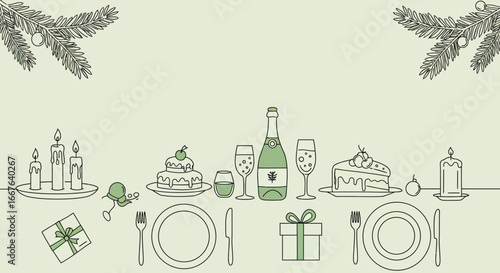 Elegant holiday table setting with festive decor and desserts in minimalist line art