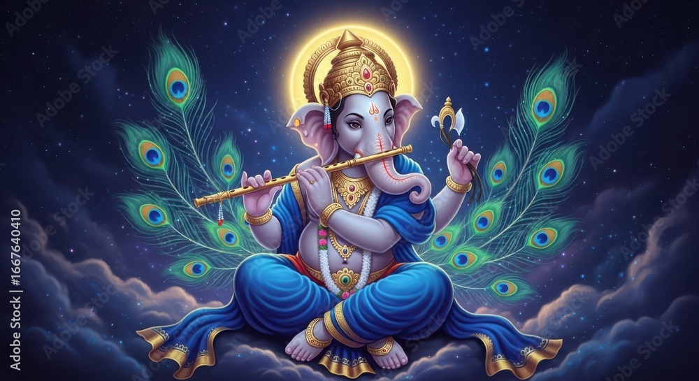 Naklejka premium Lord Ganesha Playing Flute in Dreamy Spiritual Setting with Peacock Feathers and Divine Light Meditation Art